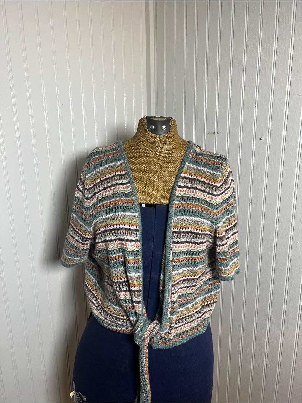 Alfred Dunner Striped Tie-Front Short Sleeve Cardigan in Teal, White, Rust